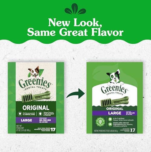 Greenies Large Natural Dental Dog Treats, Original Flavor, 17 Count | Veterinarian-recommended, cleaner teeth after 28 days, clean to gumline, for dogs 50-100 lbs, original chicken flavor - size: 17 Count (Pack of 1)