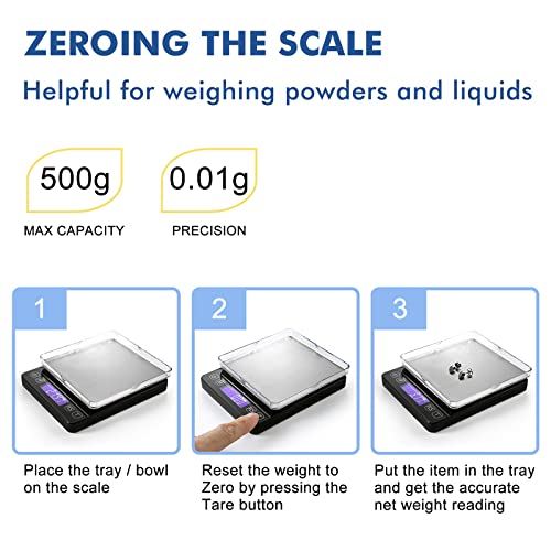 KitchenTour Mini Gram Scale for Coffee, Jewelry and Small Items, 500g x 0.01g Digital Pocket Scale with Tare, 6 Units, Back-Lit LCD, 2 Trays, Black - color: Black, size: 500g / 0.01g