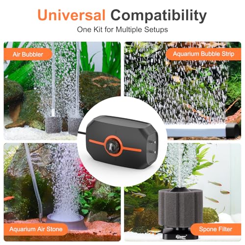 hygger Powerful Aquarium Air Pump, 3.5W/4.5W Ultra Quiet Fish Tank Air Pump Dual Outlet, Adjustable Oxygen Aerator Pump with Air Stone, Aquarium Bubbler for Fish Tank Up to 100-200 Gallon - size: L-(Up to 200 Gallon)