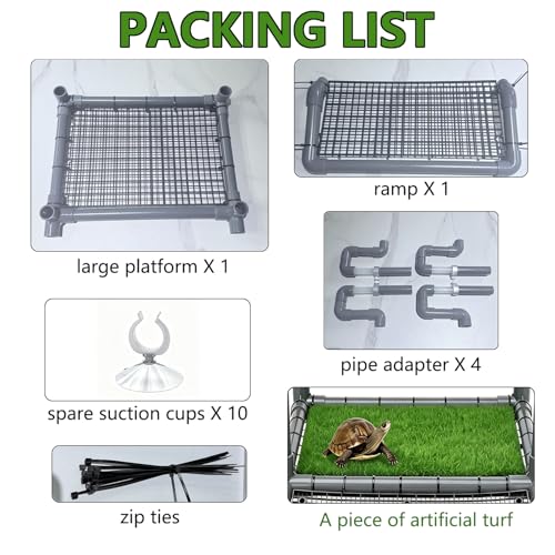 Extra Large Turtle Basking Platform with Ramp, Height-Adjustable(7.9"-13.9") PVC Dock, Non-Slip Mesh, Above Water Dry Area, 1 Piece of Artificial Turf (11.8“ x 7.87”) Included