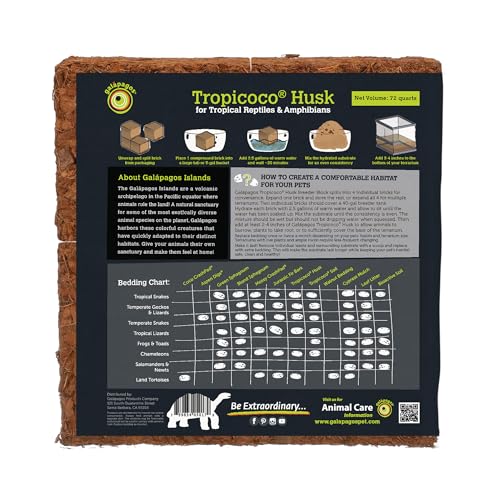 Galápagos (05017) Tropicoco® Husk Bedding for Reptiles, Amphibians, & Terrariums High Absorbency, Eco-Friendly, Dust-Free Perfect for Water Dragons, Tortoises, Snakes, & More, 72QT Breeder Block