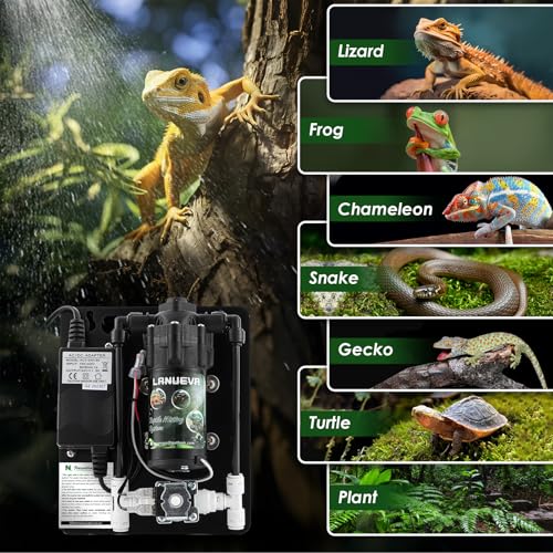 LANUEVA Reptile Humidifier Misting System with 6 Nozzles for Terrarium | Quieter Terrarium Mister with 4 Single 360° Misting Nozzle+2 Double Nozzle, Reptile Fogger for Tank, Chameleon, Lizard, Snake