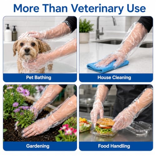 Anxingo 50Pcs Disposable Plastic Veterinary Insemination Rectal Long Arm Gloves for Field Dressing Gutting 35 inch Length - color: Transparent