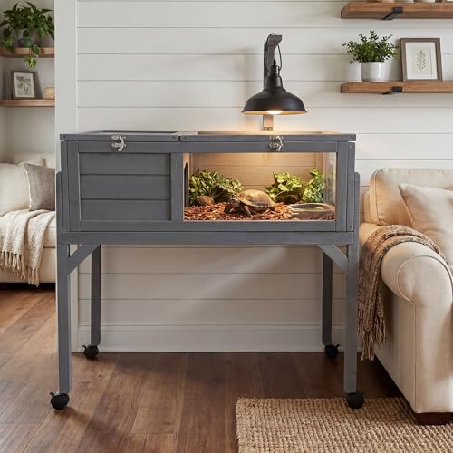 Large Tortoise Habitat Wooden Rolling Tortoise Cage House Reptile Terrarium Enclosure with Stand Leg Wheel Fixed Tray Openable Roof Lamp Holder for Gecko Lizard Snake Small Animal Cage Gray