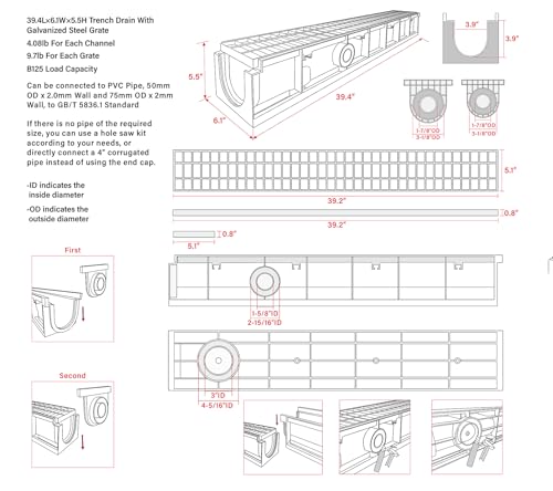 39.4x6.1x5.5in. B125 Trench Drain with Galvanized Steel Grate | Deep Profile Channel Ditch Drainage System Heavy Duty Metal HDPE Perforated Anti Corrosion Driveway Garage Parking Lot - color: Galvanized Steel 1 Pack