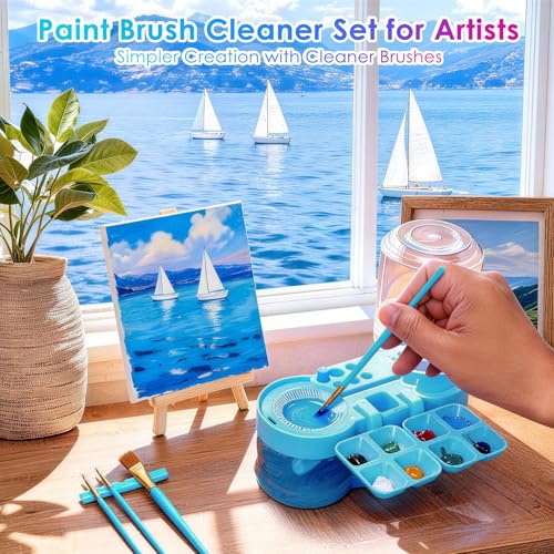 Paint Brush Washer, Deep-Clean Leak-Proof Kit with Palette | Includes: 5 canvases, 20 brushes & case, 400ml clean/500ml waste tank, durable ABS, ideal gift for beginners/students, blue - color: Blue