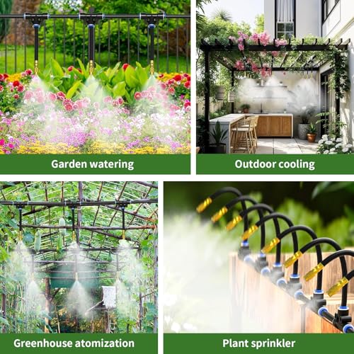 100Ft 1/4” Drip Irrigation System – Drip Irrigation Kit & Garden Watering Kit with 16 Pcs 360° Adjustable Copper Nozzles, Automatic Mist Spray for Raised Bed, Lawn, Garden & Potted Plants