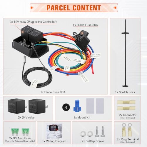 12V/24V Digital Electric Radiator Fan Controller Switch Kit #0444 for Truck | Thermatic Dual Fan Relay Kit With Adjustable Temperature Range (104-230°F), LED Real-Time Display, for Car ATV UTV Marine