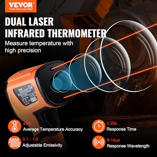 VEVOR Infrared Thermometer, -40°F~2732°F Dual Laser Temperature Gun Non-Contact, Handheld IR Heat Temperature Gun & Adjustable Emissivity for Metal Smelting/Cooking/Pizza Oven/Engine (Not for Human) - color: Orange -40°F~2732°F(-40℃~1500℃)