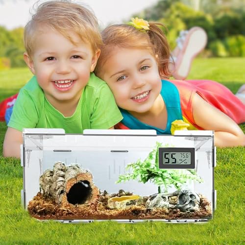 Acrylic Reptile Breeding Box Terrarium Cage Tank, 11.8"x7.9"x5.9", with Temperature Hygrometer, for Small Reptiles, Snakes, Insects, Home Office - size: Reptile-Tank-M (No Tray)