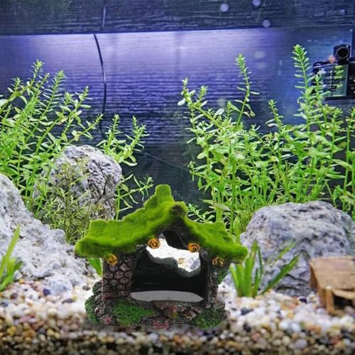 Aquarium Decoration House Resin Hideout Small Betta Fish Shrimp Tank Hide | with moss,Hollow,Small fish tank decoation,Aquarium ornament,Betta fish accessories,Small fish tank cave - size: 1PCS
