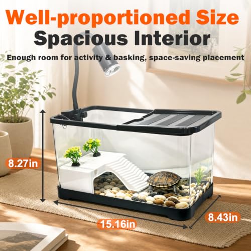 Turtle Aquarium with Lamp, High Transparent with Drain Hole & Protective Top, All-in-one Reptile Terrarium Kit with Basking Light, Hideout & Multi-Area Habitat for Small Tortoise Amphibian