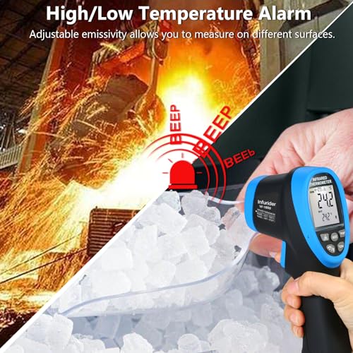 HOLDPEAK Pyrometer D:S=50:1, High Temp Infrared Thermometer -58℉~3272℉(-50℃~1800℃), Non-Contact Industrial Laser Thermometer Gun with Flashlight, Digital IR Temperature Gauge HP-1800 (NOT for Human) - color: 1PC-HP-1800-BLUE(-50~1800℃ Higher)