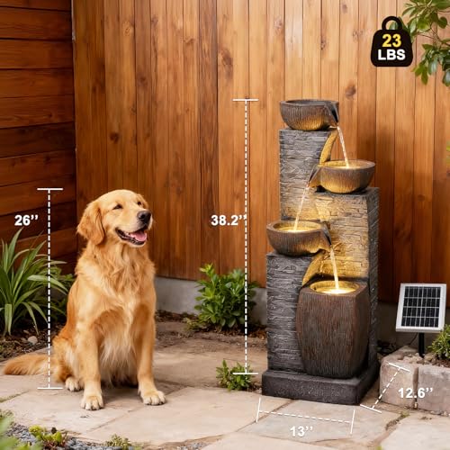Water Fountain Outdoor Stone Texture Modern 4 Tiers Cascading Bowls Garden Fountains Outdoor,Suit for Patio, Deck, Porch, Lawns, Backyard and Home Art Decor - color: Darkgray 38.2" Solar Powered