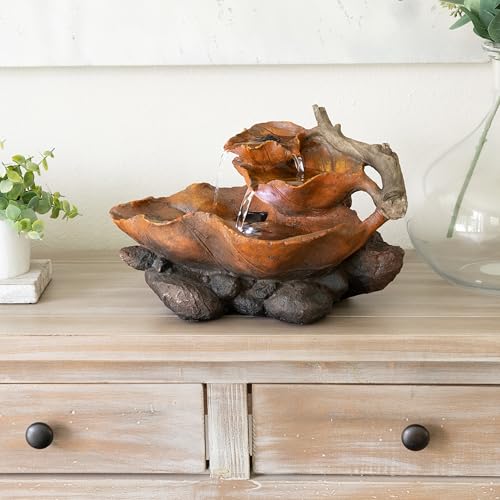 Alpine Corporation 9" Tall Indoor Tabletop Tiered Leaf Hand-Painted Fountain with LED Lights - color: Brown, size: 9"H