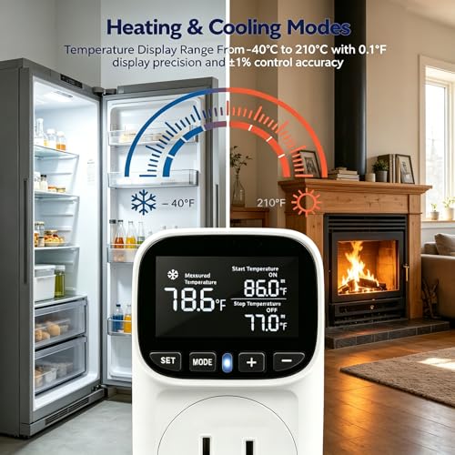 Digital Temperature Controller, Plug in Thermostat Outlet Temperature Controller Electric Digital Thermostat with Timer, Heating Cooling Mode 110V 15A Celsius Fahrenheit Display, White