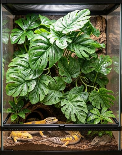 Reptile Plants Terrarium Decor, Artificial Fake Plants for Bearded Dragon, Leopard Gecko, Snake, Crested, Ball Python Tank (Monstera & Watermelon Leaf (with Suction Cups)) - color: Monstera & Watermelon Leaf (With Suction Cups)
