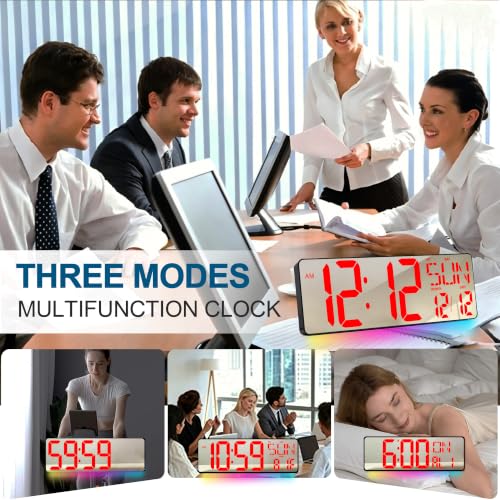 17.2-Inch Large Mirror Digital Wall Clock with Remote Control, RGB Mood Light, Extra-Large LED Display, Auto Dimming,Date, Day, Temp, Countdown Timer for Home, Gym, Office and Classroom (Red) - color: Red