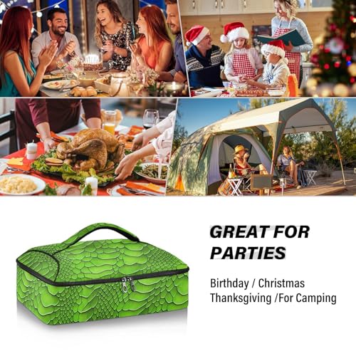 Green Snake Scales Pattern Casserole Carrier Bag, Thermal Insulated Food Tote, Hot & Cold Dish Storage Case for Picnic Camping Parties