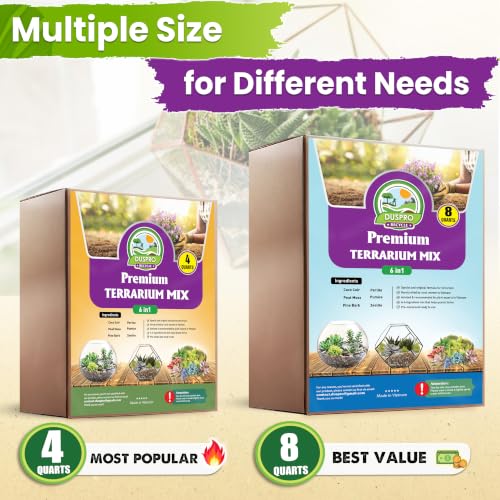 6-in-1 Terrarium Soil Mix, Pre-Mixed & Ready to Use, 8QT | Terrarium Substrate Mix with Coco Coir, Peat Moss, Pine Bark, Perlite, Pumice & Zeolite for Balanced Moisture & Airflow