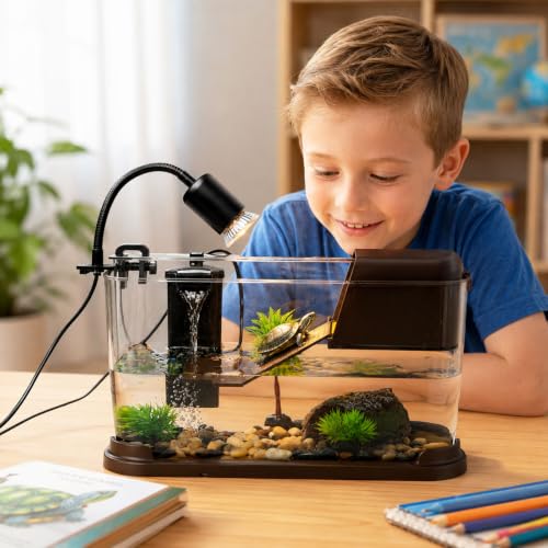 Turtle Tank Starter Kit, Durable PC Turtle Aquarium Kit with Basking Platform & Dimmable Heat Lamp, Baby Aquatic Turtle Tank with Filter, Complete Turtle Habitat Kit for Beginners