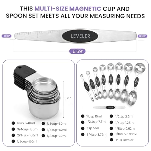 HOUJIP Magnetic Measuring Cups and Spoons Set-304 Stainless Steel,Black | Double Measurement Markings,BPA-Free,Set of 16 with Leveler for Measuring Dry and Liquid Ingredients - color: Black