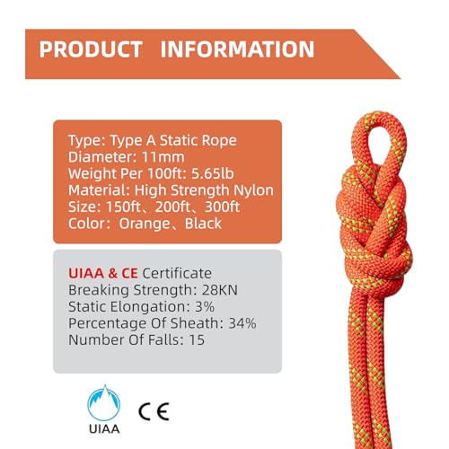 UIAA Static Climbing Rope 11mm, 90M(300FT) Nylon Kernmantle Rappelling Rope for Survival Rescue Cord Rock Mountaineering Climbing Hauling - color: Orange, size: 11mmx90m