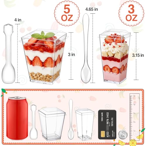 Eupako 100 Pack Plastic Dessert Cups with Lids and Spoons Assorted Size - 5 oz & 3 oz 50 Pack Each Small Dessert Cups, Mini Clear Appetizer Cup for Jello Shots, Parfait, Puddings, Mousse - style: Square 3 oz & 5 oz - 100 Set