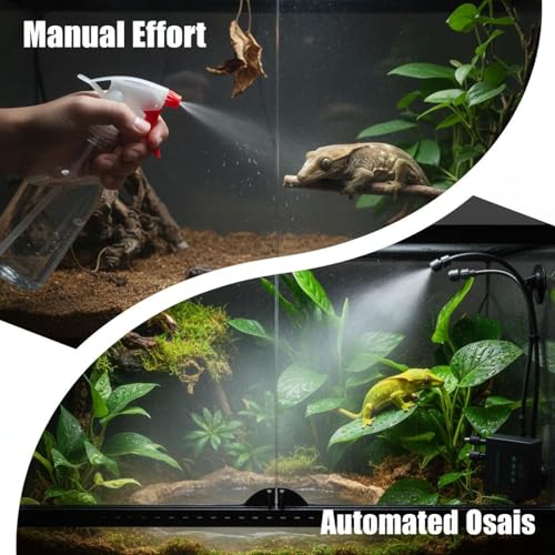 Reptile Misting System with US Plug, Programmable Automatic Mister Humidifier, 360° Adjustable Dual Nozzles, Smart Timer, Self-Priming Spray Kit for Terrariums