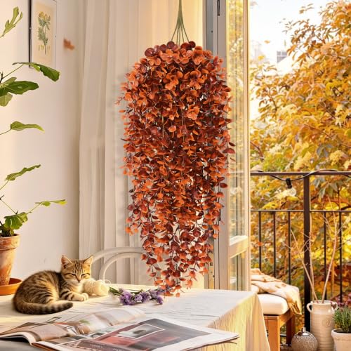 4Pcs Fake Hanging Plants, Red-Brown Eucalyptus Fake Vines Ivy | UV Resistant Artificial Plants Outdoor Faux Plants Indoor Bedroom Living Room Boho Wall Porch Shelf Decor - color: Red-brown Eucalyptus Vines, size: 4Pcs Plants