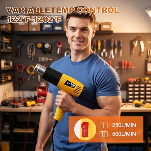 Heat Gun 1600W, Handed Hot Air Gun with 4 Nozzles for Crafting | Fast Heating 122℉-1202℉, 4.26FT Ultra-Long Cable Heat Gun for Crafts, Shrinking Wrapping PVC, Stripping Paint (Yellow)