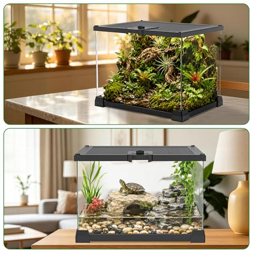 Mini Glass Reptile Enclosure Terrarium 8"x8"x6" | Top-Opening Mesh Lid with Feeding Hole, Fully Assembled Tank for Tarantulas, Isopods,Froglets & Tiny Reptiles - size: 8" x 8" x 6"