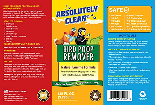Absolutely Clean Amazing Bird Poop Remover - Just Spray/Wipe - Safely & Easily Removes Bird Messes - Use Indoor/Outdoor - Made in The USA - size: 128 Fl Oz (Pack of 1)