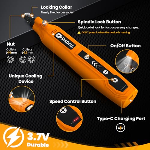HARDELL Mini Cordless Rotary Tool, 5-Speed 69pcs Kit for 3D Printer Sanding | 5000-18000RPM, 2000mAh, USB-C, LED Light, Case – Engraving Pen for Polishing, Drilling, Carving, DIY Crafts - color: Orange Rotary Tool Kit-69pcs
