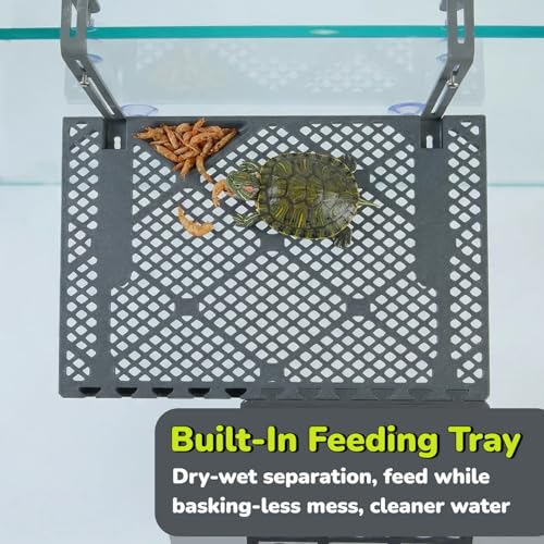 Large SolidForm Hanging Turtle Basking Platform with Built-in Food Tray, Zero Zip-Tied, Non-Slip Ramp Terrace, Resting Turtles Dock, for 60–120 Gallon Aquariums Turtle Turtle Tank Accessories - size: Large(12.6×8.7inches)