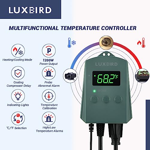 LUXBIRD Digital Heat Mat Thermostat Controller Heating Cooling 10A 1200W for Seedling, Reptiles and Brewing, Breeding, Incubation, Greenhouse, Fans, Cooling Device, 32~113℉ FCC-Certified