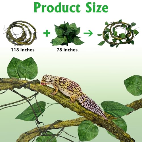 VCEPJH Large Reptile Vines Thick Terrarium Plants 118 Inches Long Flexible Climbing Branch Snake Tank Accessories Greenery Habitat Decor for Bearded Dragon Chameleon Gecko Frog Lizard (L) - color: Green Reptile Vines (Lengh:118" Dia: 1.2 In)
