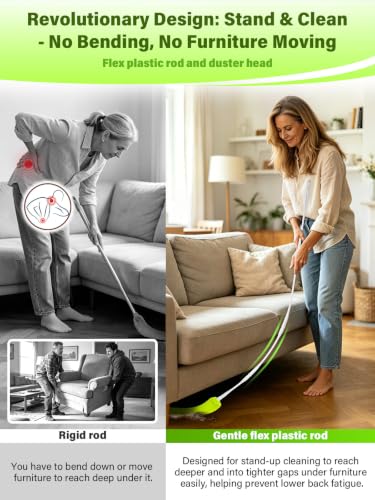 Bend-Free Gap Dust Cleaner Cleaning Tools Washable Flat Duster Brush with 4 Microfiber Chenille Dusting Cloths Long Handle 56 inches for Cleaning Under Appliances Furniture Couch Bed Fridge