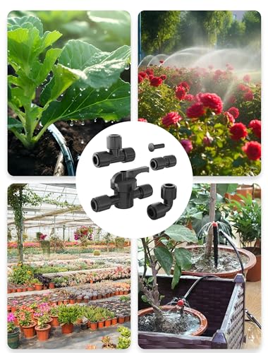 EVOULTES 45 Pcs 1/4" Drip Irrigation Quick Connect Kit, Leak Free Tubing Fittings, Easy Install Durable Connectors for 1/4 Inch Drip System (10 Tee, 10 Elbow, 10 Coupling, 10 Cap, 5 Valve) - size: 45PCS 1/4" Connector Fittings Kit