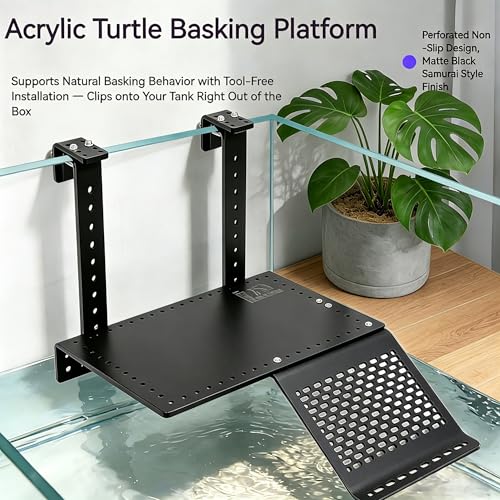 Adjustable Hanging Acrylic Turtle Basking Platform 8"x4.6" | Black Turtle Dock with Non-Slip Climbing Ramp, Fits 0.3"-2" Thick Aquarium Rims, High Water Level Basking Terrace for Aquatic Turtles & Reptiles M Size