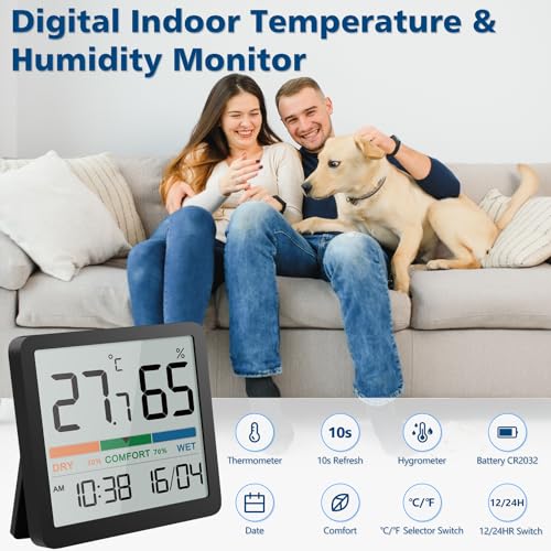 Digital Hygrometer Indoor Thermometer, Humidity Monitor with Calibration | Digital Temperature & Humidity Gauge, Clear LCD Display with Clock, Comfort Indicator for Home, Office, Basement & Greenhouse - color: Black, size: 2 Pack