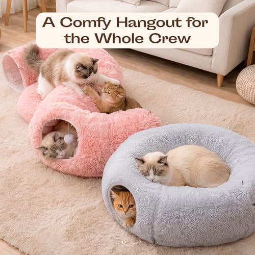 Indoor Cat Tunnel with Donut Bed - Large Flexible Play Space for Multiple Pets - Circle or Snake Shape, Cozy Lounge (Pink) - color: Pink