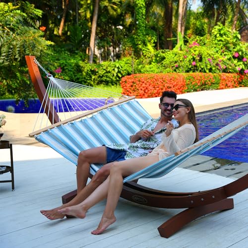 Lazy Daze Double Textliene Quick Dry Hammock with Spreader Bar for Outdoor | 11 Ft Hammock for 2 Person, Weather Resistant Fabric, 450 Lbs Capacity, Hammock Bed 78 x 55 In with Carabiners, Chains - color: Blue White Stripes
