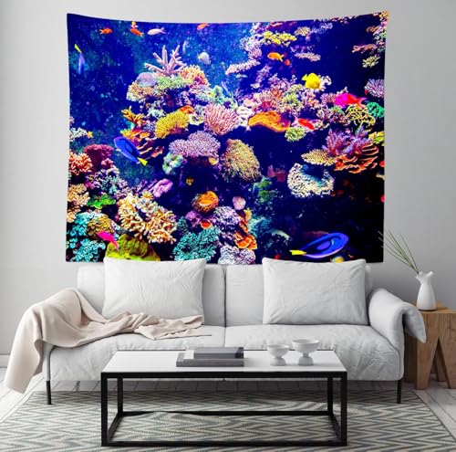 Loccor Aquarium Tapestry Fish Tank Tapestries Undersea Coral Reef Wall Hanging Ocean Tropical Fish Wall Decor for Home Bedroom Living Room Dorm 80''x60'' Horizontal - size: 80"L x 60"W