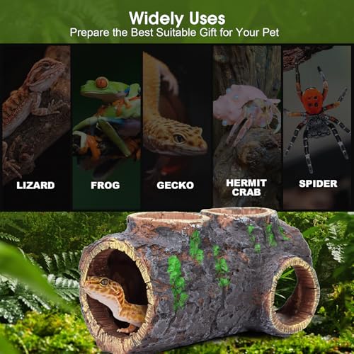 MECESOR Magnetic Reptile Hide with Waterer & Feeder Trough,Resin Hollow Tree Gecko Hideout Cave,Non-Toxic Climbing Toy Terrarium Decor for Green Anole,Tree Frog Climbing Accessories,Grey