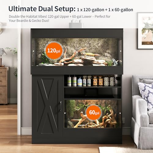 Dual Reptile Tank with Stand 120 Gallon & 60 Gallon Terrarium | Reptile Enclosure with Power Outlet for Bearded Dragons Snakes Lizards Chameleon Gecko Sliding Acrylic Doors Mesh CAGE004H - color: Black, size: 120 gallon+60 gallon