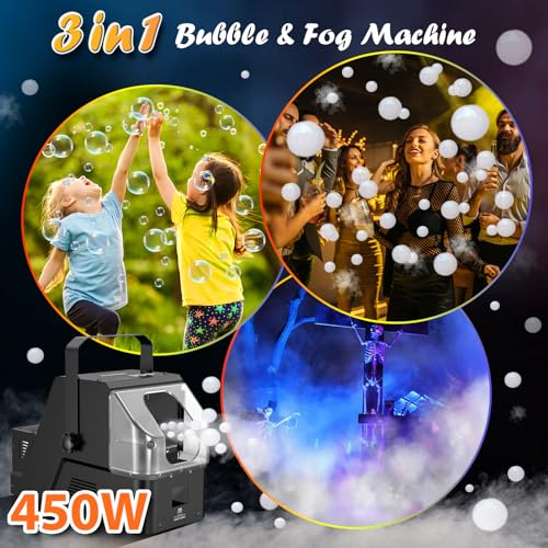 Wisdomlit Bubble Fog Machine, 3-in-1 Bubble Fogger with Remote Control | 450W Power, Durable Metal Housing, Colorful Bubbles / Fog Bubbles / Continuous Fog, Perfect for Stage Wedding Halloween Party