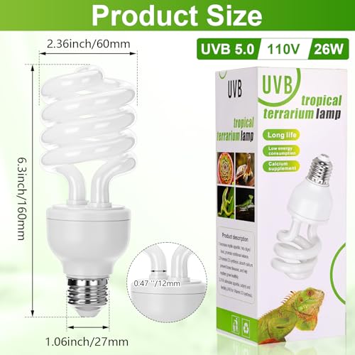 Reginary 4 Pcs UVB Reptile Light 5.0 26W Tropical and Sub-Tropical UVA UVB Bulb Compact Fluorescent Lamp Tropical Terrarium Lamp for Chameleons, Lizards, Tortoises, Snakes, Iguanas & Turtles - color: 26w, size: 5.0 UVB