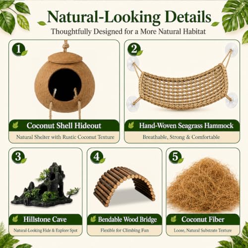 Reptile Tank Accessories Kit Bearded Dragon Tank Decor Leopard Gecko Habitat Accessories Reptile Hammock Coconut Hut Terrarium Decor