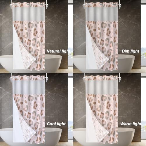 Satin Pink Leopard Print No Hooks Shower Curtain with Snap in Liner Set, Animal Nature Cat Wildlife Fur Polyester Shower Curtain for Stall Bathroom Waterproof 35.5X74 Inch - color: Animal Leopard Print Pink, size: 35.4"W x 74"L (Pack of 1)